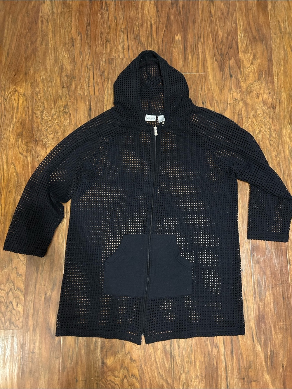 Black Hooded Zip-Front Swim Coverup Mesh Full Zipper Resortwear Vacation - Picture 6 of 9
